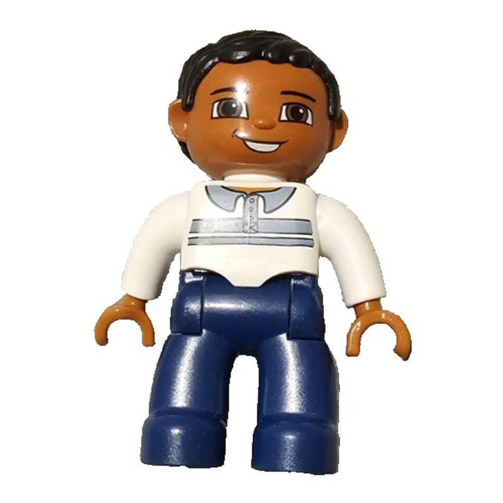 Lego DUPLO Figure Male Dark Blue Legs White Top Buttons & Stripes Black Hair